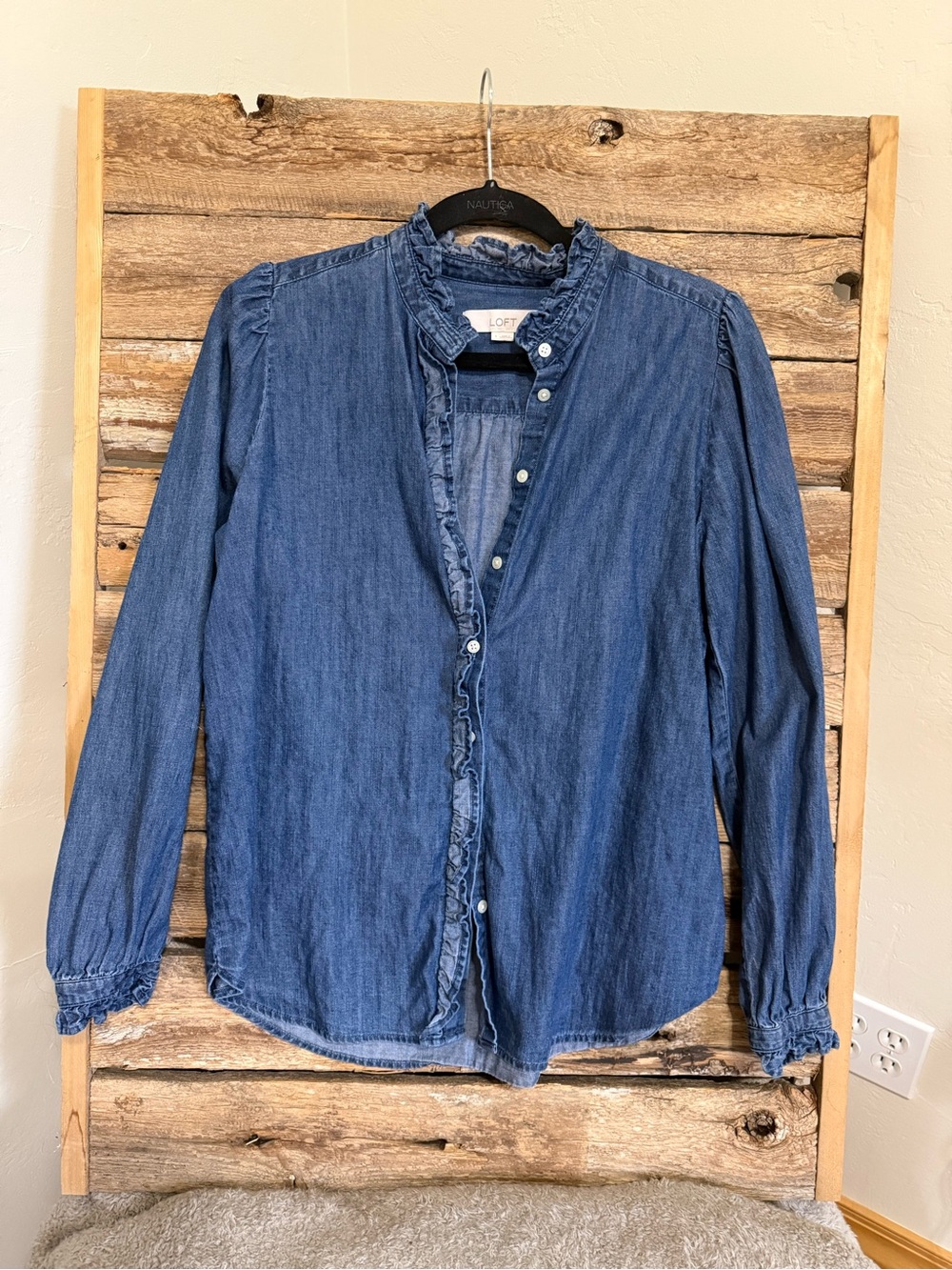 LOFT Chambray Ruffle Button-Up Shirt in Denim Blue